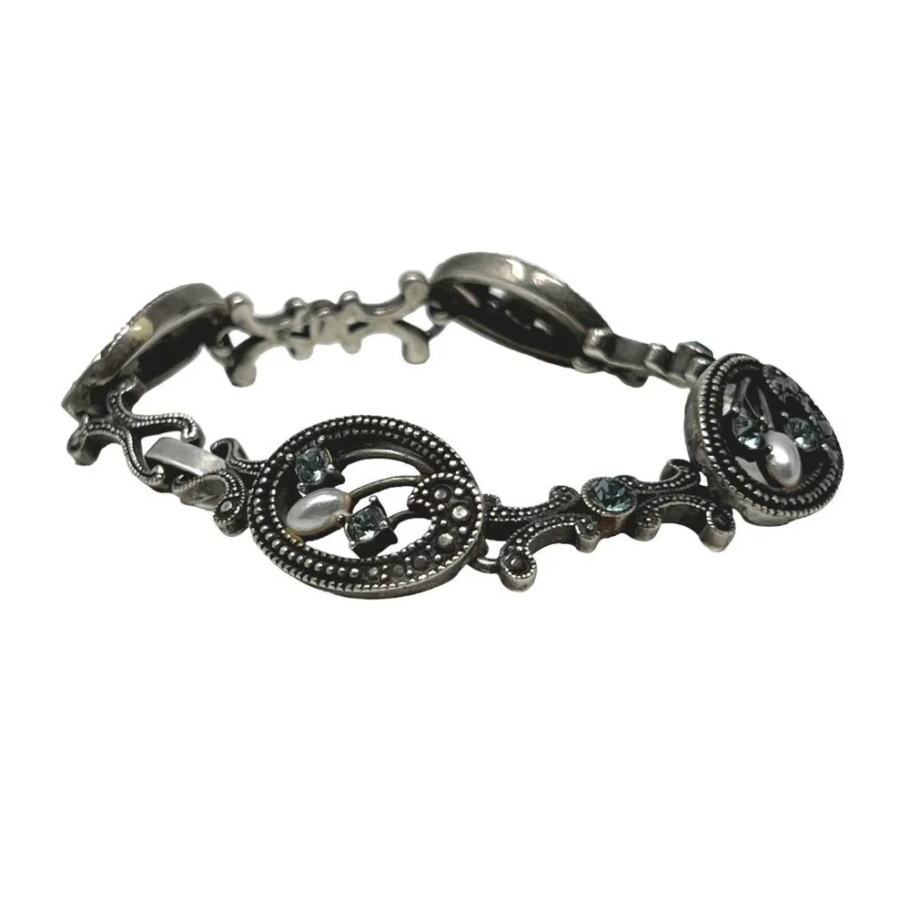 Crystal and‎ Faux Pearl Bracelet Blue Stones Silver Tone Dark Finish